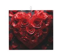 Red Rose Love Heart Dish Drying Mat for Kitchen Counter, Absorbent Microfiber Drainer Mats, Non-slip Kitchen Draining Mat for Coffee Machine Dish Rack Pad 18"x16" Dish Drainer Pad