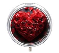 Red Rose Love Heart Pill Box Waterproof Portable Medicine Pill Case Moisture Proof Metal Travel Pill Box with 3 Compartment Medicine Case