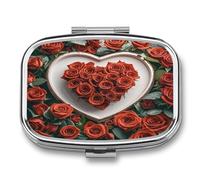 Red Rose Love Heart Pill Case Travel Portable Pocket Pill Box 2 Compartment Medicine Case Large Capacity Daily Pill Cases Vitamin Organizer Medicine Organizer Small Pill Box