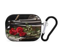 Red Rose on Piano Earbuds Organizer Shockproof Protective Airpods Pro Cover with Carabiner Clip Anti Fall Carrying Earphone Case Cover for Airpods Pro 2nd Generation Black