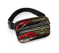 Red Rose on Piano Fanny Pack Belt Bag with Adjustable Strap Fashion Waist Bag for Outdoor Sports Hiking, white, 20x13cm, Full Printed Waist Bag