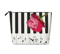 Red Rose On Piano Musical Notes, Cosmetic Bag Imitation Linen Makeup Bag Portable Travel Toiletry Bag