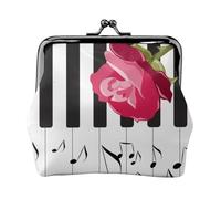 Red Rose On Piano Musical Notes, PU Leather Coin Purse, Small Wallets, Change Pouch with Kiss Lock Clasp Buckle, Change Purse