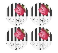 Red Rose On Piano Musical Notes,Round MDF Cork Coasters, Mugs Pad, Cups Mat Set of 4 Drinks Coasters