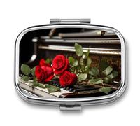 Red Rose on Piano Pill Box,2 Compartments Square Pills Container,Portable for Pocket Or Purse Pill Organizer to Hold Vitamins,Medication,Fish Oil,etc