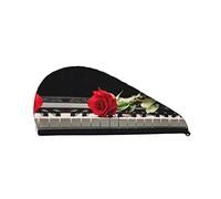 Red Rose On Piano Printed Hair Towel Wrap, Super Absorbent Dry Hair Cap for Women Shower Caps for Gym Salon Bath Shower
