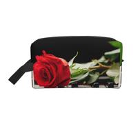 Red Rose on Piano Prints Large Makeup Bag Makeup Pouch with Handle, Portable Simple Travel Makeup Organizer Case for Women