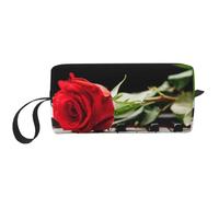 Red Rose on Piano Prints Travel Makeup Bag Makeup Pouch, Portable Simple Zippered Makeup Organizer Case for Women
