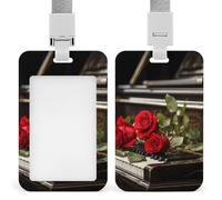 Red Rose on Piano Retractable ID Badge Holder with Lanyard - Vertical Badge Reel,Keychain Clip,Name Tag Id Card Holder Protector for Nurse Officer Teacher Security Staff Women Men