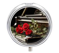 Red Rose on Piano Round Pill Box 3 Compartment Small Pill Box Round Portable Pill Case to Hold Vitamins Medication Fish Oil and Supplements Travel Purse Pocket Gift
