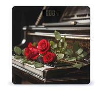 Red Rose on Piano Scale for Body Weight Highly Accurate Anti-Slip Digital Scale LCD Display Bathroom Scales Sturdy Tempered Glass Smart Scales Rounded Corners Design