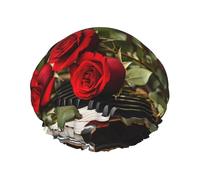 Red Rose on Piano Shower Caps for Women Reusable Waterproof Shower Cap with Elastic Strap Bath Hair Hat Double Layers Thick Bath Caps for Spa Salon Travel