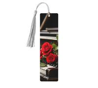 Red Rose on Piano Wood Bookmark for Men Women Reading Wooden Bookmarks Unique Handmade Book Marks with Tassel Pendant Craft Bookmark for Book Lovers Birthday Teachers Gift