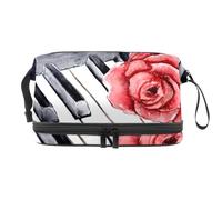 Red Rose on The Piano Double Layer Cosmetic Bag for Women and Girls, Travel Toiletry Bag Makeup Handy Pouch Organiser Bag with Brush Compartment