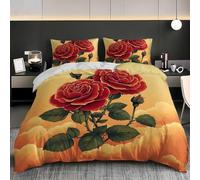 Red Rose Pattern Super King Size Duvet Cover Set Retro Gold Bedding 260x220 3D Soft Comfort Microfiber Quilt Cover with Zipper Closure and 2 Pillowcases for Teens and Adults A.3729
