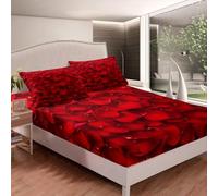 Red Rose Petals Fitted Sheet Super King Size Wedding 3D Fitted Sheets Deep Pocket 12 inch 30 cm Bottom Sheet Ultra Soft Microfibre Bedding Set with 2 Pillowcases a.5927