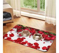 Red Rose Petals Patterned Pet Feeding Mat with Water-Absorbing PU Top & Rubber Base - Anti-Slip Dog Cat Food Mat for Cats, Dogs & Pets, 30x45cm