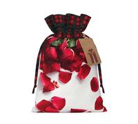 Red Rose Petals Print Christmas Drawstring Linen Gift Bags Reusable Fabric Bags With Tags For Christmas Gifts