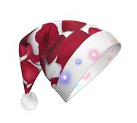 Red Rose Petals Print Led Light Up Santa Hat Holiday Party Supply | Xmas Cap With 3 Light Settings Festive Costume Christmas Hat Novelty Gift