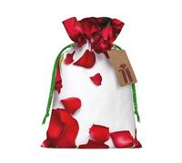 (Red Rose Petals) Printed Christmas S Size Gift Bags with Green Ribbon Drawstring Candy Bags for Kids Xmas Holiday Christmas Eve Presents