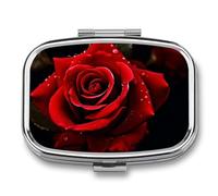 Red Rose Pill Box 2 Compartments Portable Travel Pill Case Mini Medicine Organizer for Pocket Purse Metal Waterproof Medicine Container Holder Vitamin Fish Oil
