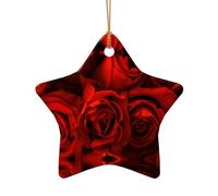 Red Rose Print Christmas Ceramic Decor Gift,Unique Star Heart Shaped Pendant Ornament For Holiday Decor