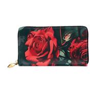 Red Rose Print Printed Leather Wallet for Men Women, Long Clutch Handbag with 12 Card Holder and 3 Money Clip