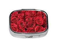 Red Rose Print Square Metal Pill Box Decorative Pill Case - Carry Your Meds in Style (Rectangular)