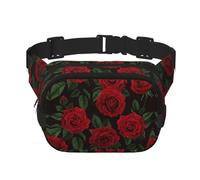 Red Rose Print Unisex Square Double Layer Waist Bag Trendy Crossbody Fanny Pack Travel Workouts, Black, One Size