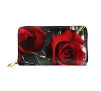 Red Rose Printed Leather Wallet for Men Women, Long Clutch Handbag with 12 Card Holder and 3 Money Clip