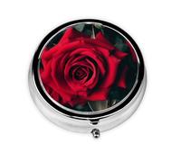 Red Rose Printed Round Pill Organizer with 3 Compartments, Portable Mini Pill Box Pill Case for Medicine, Vitamin, Fish Oil, Supplements