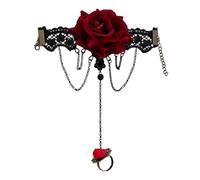 Red Rose Ring Bracelet for Women Black Lace Flower Hand Chain Adjustable Braceletes Floral Statement Antique Golden Open Wrap Finger Rings Vintage Gothic Punk Jewelry for Halloween