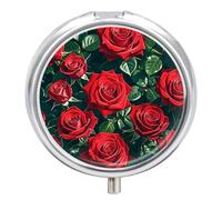 Red Rose Romantic Pill Box 3 Compartment Travel Pill Organizer 3 Times A Day Cute Mini Pill Case for Purse & Pocket Portable Metal Medicine Box with Mirror Round Daily Medicine Vitamin Container