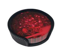 Red Rose Round Leather Coasters (6-Pack), Antifouling And Durable, Suitable For Home And Office