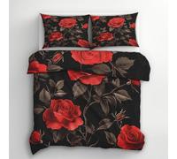 Red Rose Single Duvet Cover Set - Gothic Floral Flower Bedding & Bedroom Decor, Super Soft Microfiber Quilt Cover and 1 Pillowcases, with Zip, Reversible Design