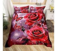 Red Rose Single Duvet Cover Sets Romantic Couples Bedding Set 3D Print Quilt Cover 135x200 cm Soft Microfiber Bed Sets with Zipper Closure and 2 Pillowcases z-4976