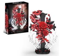 Red Rose & Skeleton Cross Building Blocks Kit, 901PCS Skull Creative Artificial Flower Bricks Kit, Creative MOC Skull Artificial Flower Bricks Model Toy, Unique Gifts for Gothic Enthusiasts