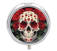 Red Rose Skeleton Pill Box 3 Compartment Travel Pill Organizer 3 Times A Day Cute Mini Pill Case for Purse & Pocket Portable Metal Medicine Box with Mirror Round Daily Medicine Vitamin Container