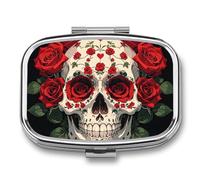 Red Rose Skeleton Travel Pill Organizer A Daily Pill Box for Supplements 2 Compartment Pill Case Convenient for Carrying and Storing Medicines Box