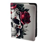 Red Rose Skull Print 5.5 Inch Passport For Men And Women Lightweight Stylish Travel Document Wallet, Black, One Size