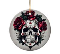 Red Rose Skull Print Ceramic Round Pendant,Festive Decoration for Home,Mall,Supermarket,Holiday Keepsake