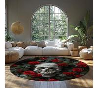 Red Rose Skull Round Area Rug Non-slip Gothic Skeleton Circle Carpet for Bedroom Mudroom Kitchen Apartment Home Office Halloween 213cm（round）