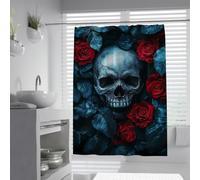Red Rose Skull Shower Curtain Gothic Halloween Blue Leaves Bath 160x200cm