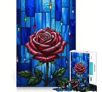 Red Rose Stained Glass Jigsaw Puzzles for Teenagers 1000 Piece Brain Workout Toy Mental Relax Art Assembly Unique Gift (38x26cm)