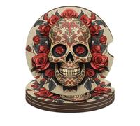 Red Rose Sugar Skull 4PCS Car Coasters Absorbent Drink Coasters with A Finger Universal Wood Coffee Coaster for Cup Holders Non-slip Car Cup Holder Coaster Cute Drink Mat Car Accessories for Women Men
