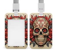 Red Rose Sugar Skull Badge Holder Vertical Id Card Holder with Lanyard Heavy Duty Name Tag Holders Waterproof Work Badge Holder for Office Cruise Teacher Cute Badge Protector