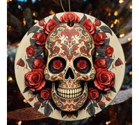 Red Rose Sugar Skull Ceramic Christmas Ornaments - 4 Pcs Rustic Round Xma Tree Decor with Hanging String, Personalized Vintage Double-Sided Holiday Party Decorations for Xmas Gifts