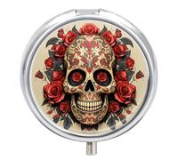 Red Rose Sugar Skull Travel Pill Box Case 3 Compartment Cute Pill Organizer Metal Pill Holder with Mirror Small Medicine Organizer Daily Pill Container for Purse Pocket Portable Meds Box