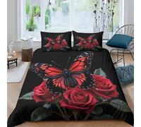 Red Rose Super King Size Duvet Cover Sets 3D Printed Microfiber Butterfly Flowers Bedding Set Ultra-Soft Quilt Cover 260 x 220 cm with Zipper Closure and 2 Pillowcases 50x75 cm f.1422