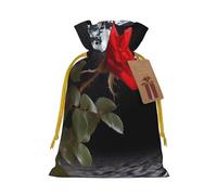Red Rose Under Moon Printed Christmas Drawstring Bags,M | Reusable Xmas Gift Storage Bags, Yellow Christmas Ribbon